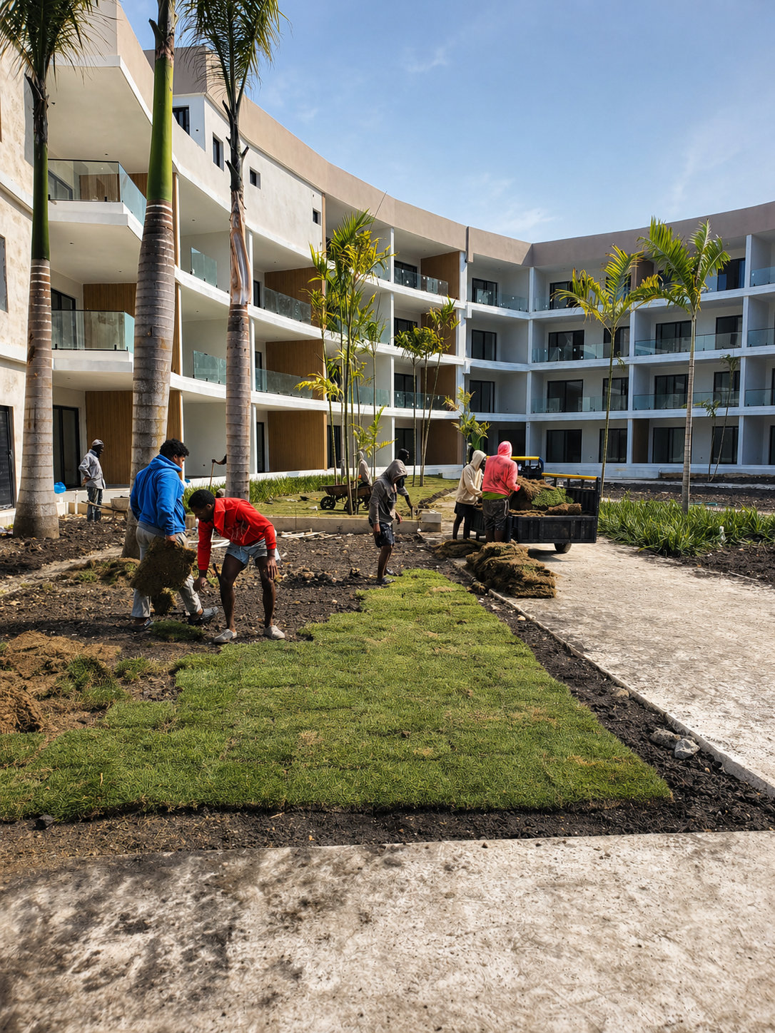 Team installing grass and landscaping in a modern courtyard