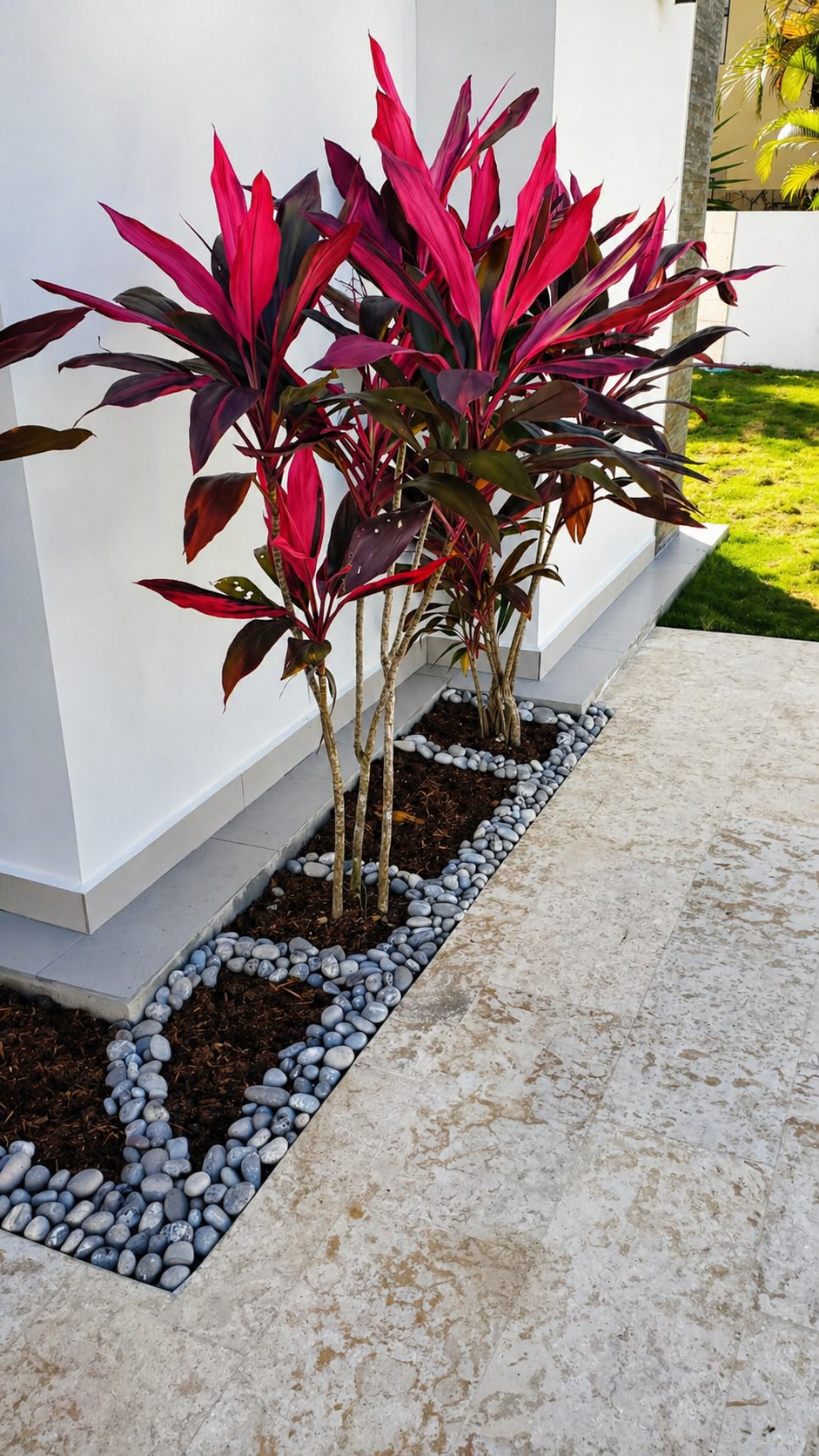 Decorative tropical plants with stone garden border